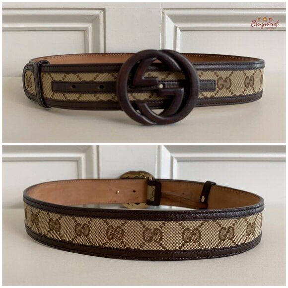 Authentic GUCCI Brown Monogram Canvas Bamboo Interlocking G Buckle Belt 80/32 - Picture 5 of 13